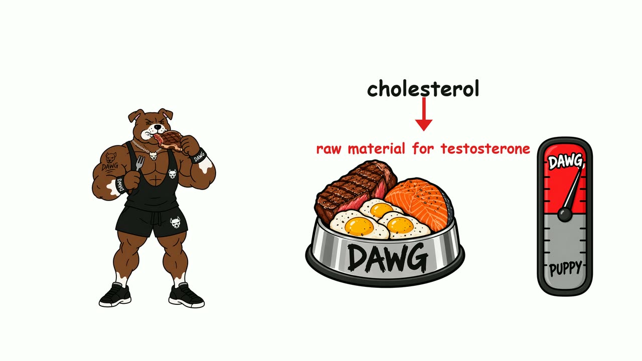 Cartoon bulldog mascot beside a bowl of steak and eggs